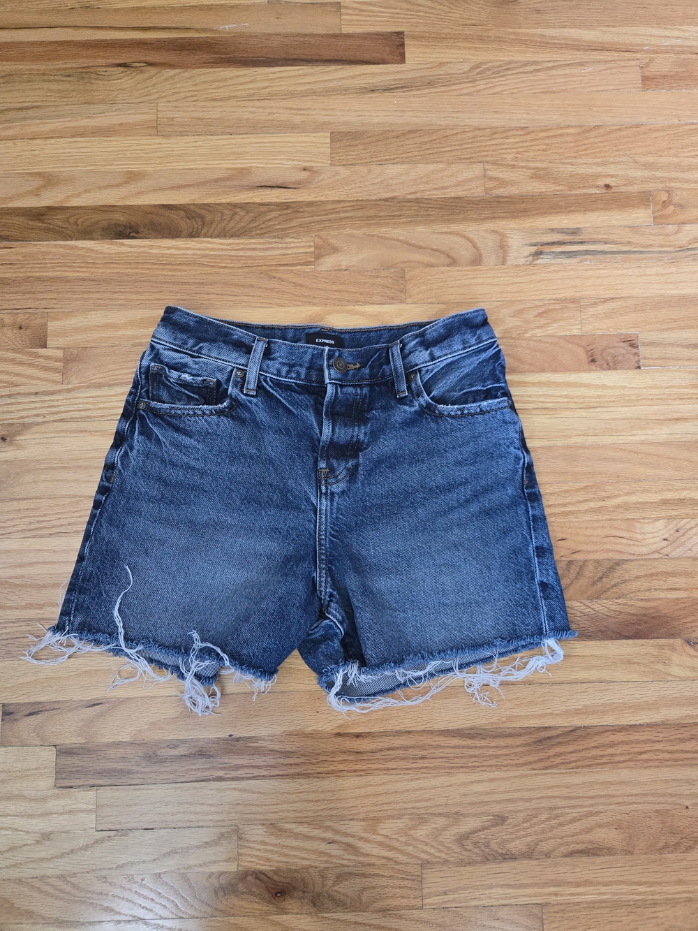 Express Dark Blue High-Rise Frayed Hem Denim Shorts
